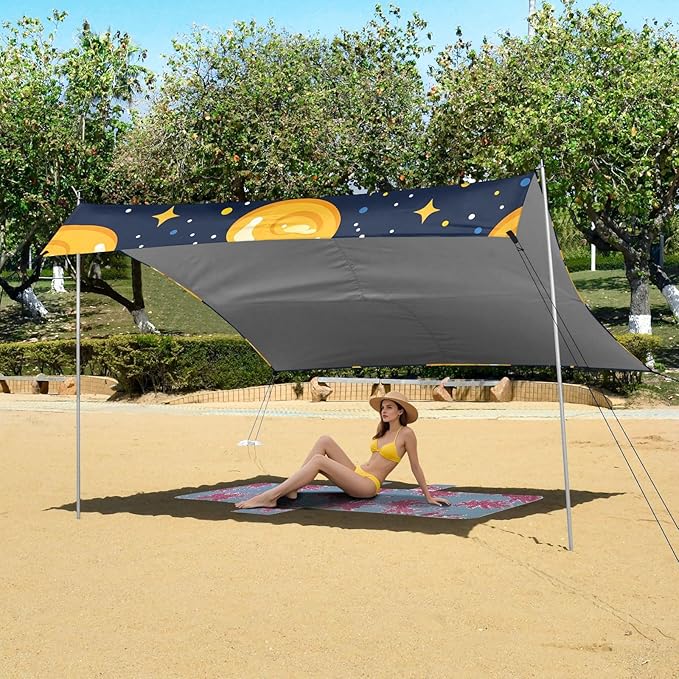 ALAZA Yellow Duck Stars Beach Tent Sun Shelter UPF50+ Protection Beach Shade Canopy w/ 4 Sandbags for Outdoor Camping Fishing Backyard Fun Picnic 10x9 ft