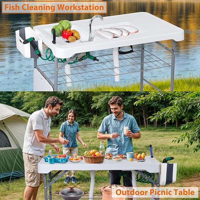 SUPER DEAL Fish Cleaning Table with Sink 42.4 Portable Folding Camping Sink Station with Measure Mark Grid Rack &amp Cleaning Kit for Outdoor Fishing Camping and Picnics