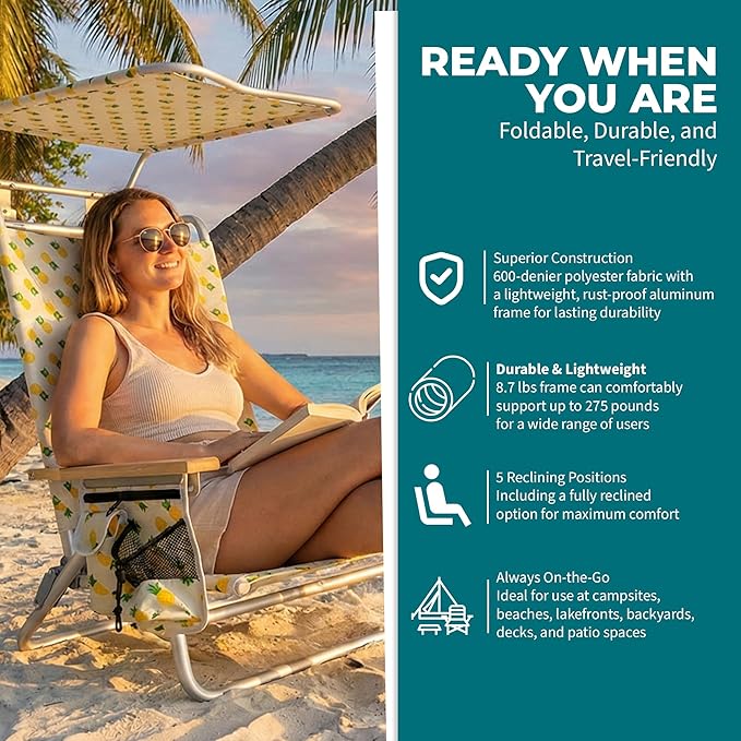 Bliss Hammocks Folding Beach Chair Adjustable Recliner Outdoor Backpack Seat with Canopy and Storage Pouch 275 lb Capacity Pineapple