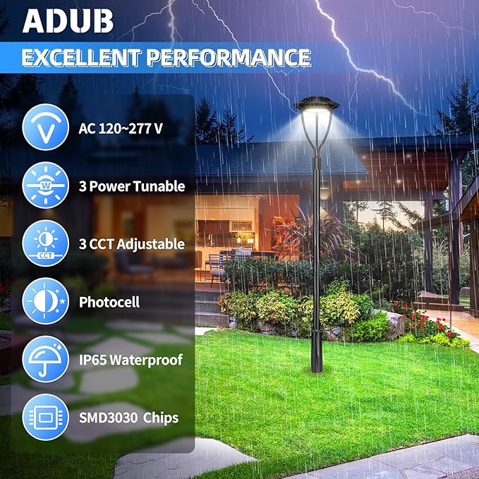 ADUB LED Post Top Light 80W 60W 48W 3000K 4000K 5000K Adjustable LED Post Light with Photocell ETL DLC Listed Outdoor Pole Fixture IP65 Commercial Post Lighting for Parking lot Yard AC100-277V