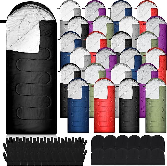 Preboun 72 Pcs Bulk Sleeping Bags Set for Adults Homeless 24 Sleep Bag 24 Beanies 24 Gloves 4 Season Cold Warm Weather Sleeping Bags Waterproof Lightweight for Outdoor Hiking Travel
