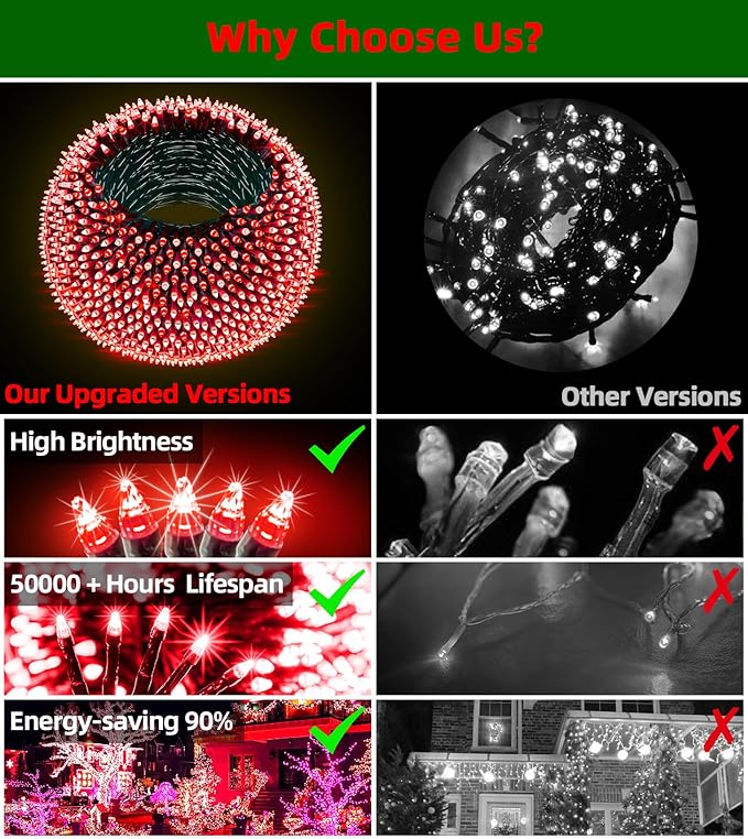 750 LED 240FT Valentine Lights Outdoor12 Lighting Modes Valentines DayDecorations with Timer Dimmable Plug in Red LED StringLights Waterproof for Yard Tree Wedding Party Holiday Red