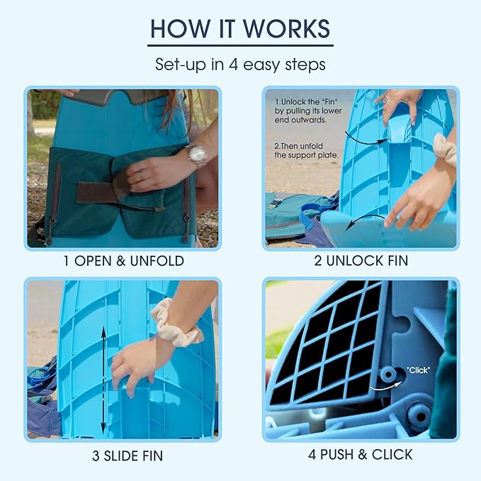 Portable Ground Chair for Beach Camping Park &amp Stadium – 5-Position Recline Wearable Lightweight – Slim Style – (Blue)