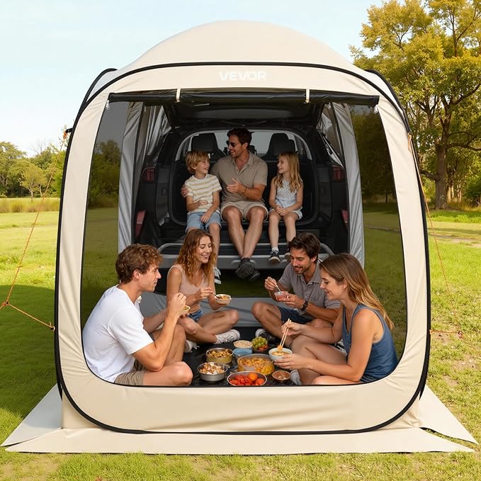 SUV Tailgate Tent VEVOR 6 x 6 ft Pop-Up Screen House Canopy for 4–6 Person Portable Screened Shelter with Carry Bag for Car Camping Backyard Patio Outdoor Activities