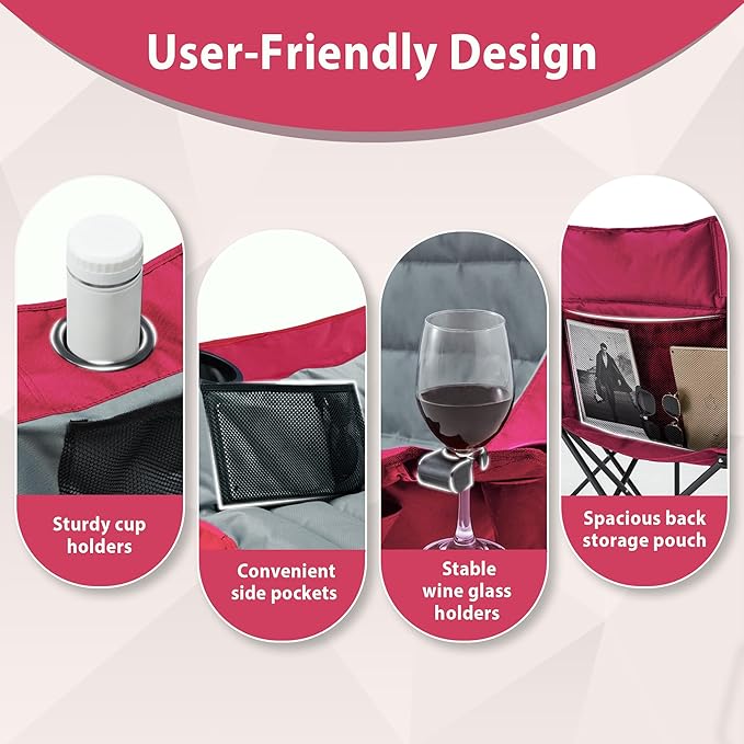Oversized Double Camping Chair Folding Loveseat Camping Couch with Pocket Cup Holder and Carry Bag Heavy Duty Portable Camping Chairs for Adults Fishing Sports Trip up to 660lbs Red