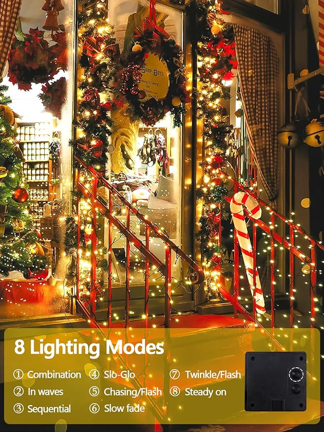 6 Pack 600 LED Solar String Lights for Outside Solar Christmas Lights Outdoor with 8 Lighting Modes Waterproof Green Wire Solar Powered Tree Light for Xmas Party Yard Garden Decorations (Warm White)