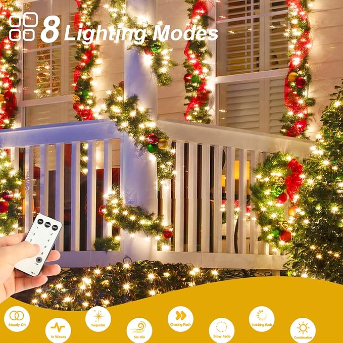 Outdoor Christmas Lights 328FT 800 LED String Lights 8 Modes with Remote Timer Fairy Lights Plug-in Waterproof Christmas Outdoor Lights for Yard Patio Home Party Christmas Decorations