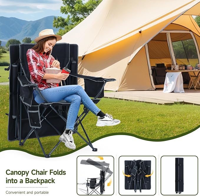 CDEN Heated Canopy Chair with Battery Heated Camping Chair with Footrest Umbrella Chairs Foldable With Detachable Footrest Cooler Bag Cup Holder Side Pocket Power Bank Included (1 Pack Black)