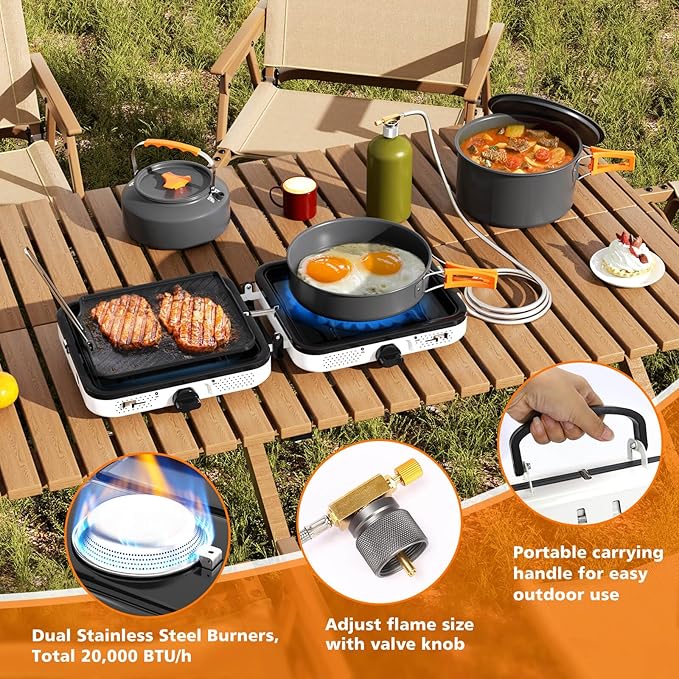 Hisencn Camping Stove2 Burner Propane Stove20000 BTU/h Camping Cooking set Includes Frying PanKettle and PotAdjustable Burners &amp Piezo IgnitionPortable stove for camping OutdoorWhite