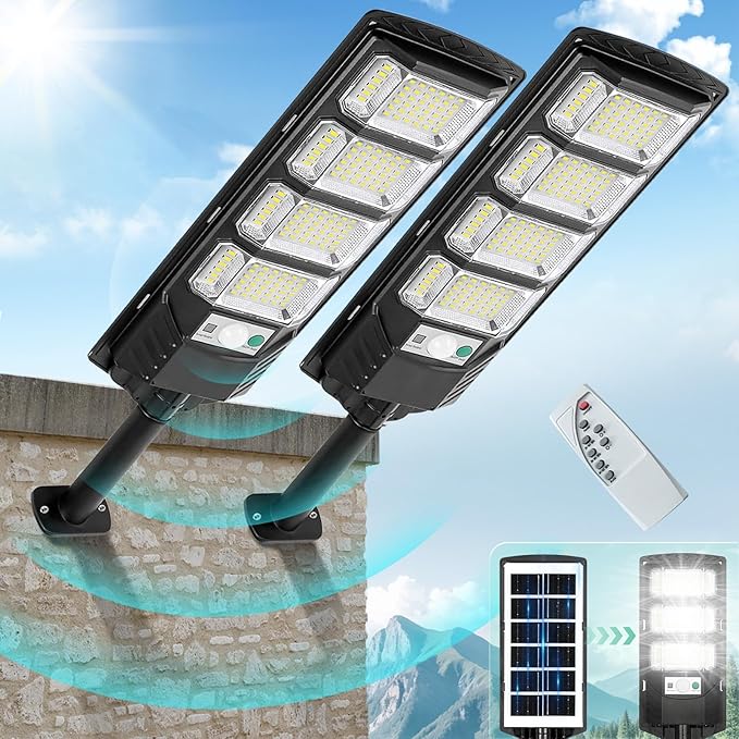 Solar Lights Outdoor Waterproof 2 Pack Solar Street Lights 12000 Lumen with Motion Sensor Flood Security Light with Remote Control Dusk to Dawn Commercial Lighting for Yard Path 192LED