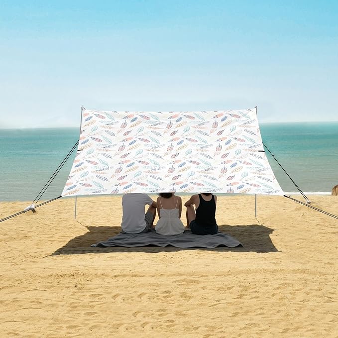 ALAZA Colorful Feather Beach Tent Sun Shelter UPF50+ Protection Beach Shade Canopy w/ 4 Sandbags for Outdoor Camping Fishing Backyard Fun Picnic 10x9 ft