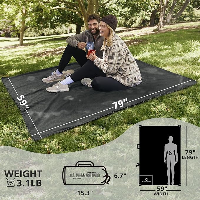 AlphaBeing Waterproof Outdoor Blanket with Merino Wool Extra Thick Warm Windproof Packable Stadium Blankets for Cold Weather Camping Gift Pet Car Picnic Concerts 79 x 59 Black/Gray
