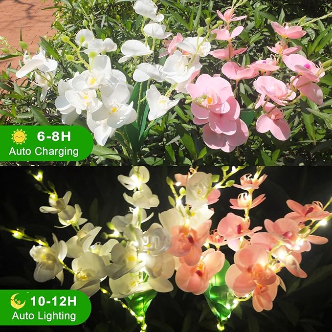 Solar Flower Lights 2 Pack Solar Flowers with Pink &amp White Orchids Solar Outdoor Lights Waterproof Solar Garden Lights for Yard Patio Pathway Lawn Flowerbed Grave Cemetery Decor