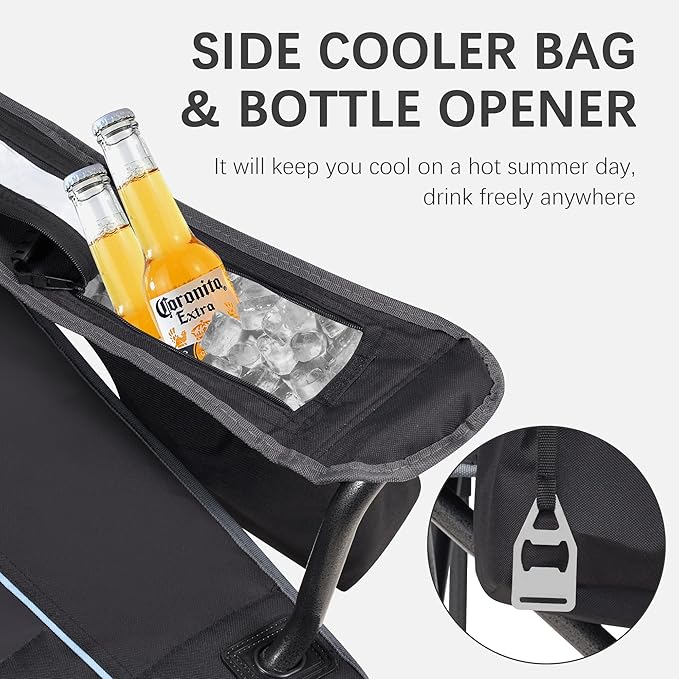 Oversized Folding Camping Chair for Adults - 450lbs Support - Heavy Duty Portable Lawn Chairs with Side Pocket Cup Holder Cooler Bag for Sports Garden Beach Fishing Black