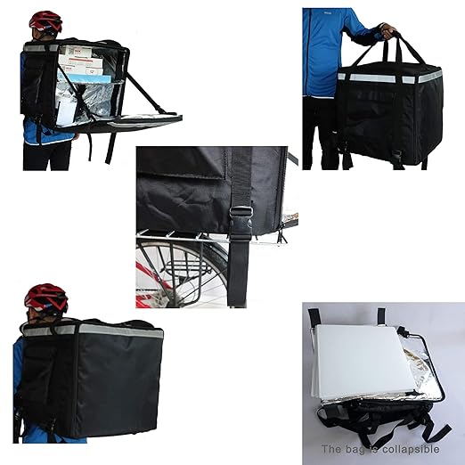 PK-92Z: Big Insulated Pizza Delivery Bag with Cup Holder 16 L x 16 W x 16 H Thermal Food Delivery Box For Scooter Heat Insulated Food Delivery Bag For Bike Side Loading 2-Way Zipper Closure