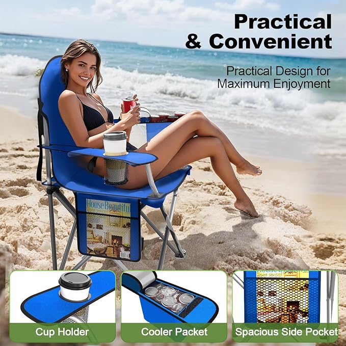 Folding Camping Chairs Durable 600D Oxford Portable Outdoor Chair with Cooler Pouch Cup Holder &amp Storage Pocket for Camping Beach Fishing