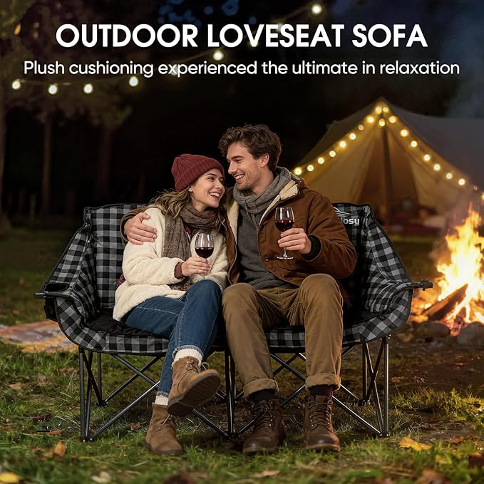 Padded Double Camping Chair Folding Loveseat 2 Person Camp Chair Heavy Duty Lawn Chairs Camping Couch Outdoor Sofa