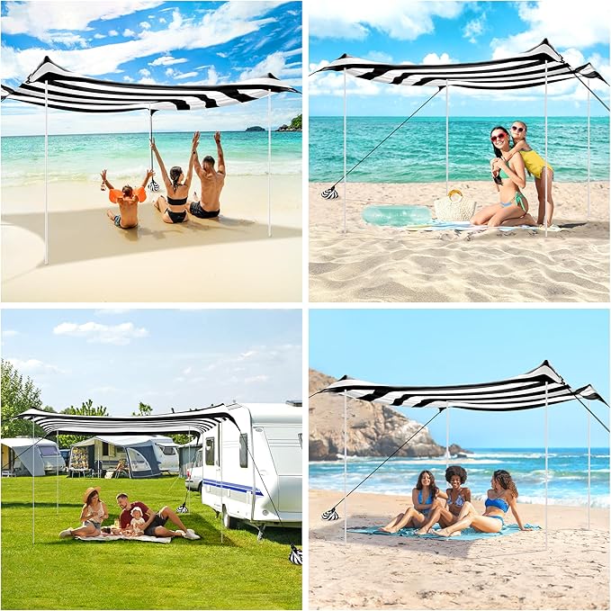 Beach Tent Beach Canopy Sun Shade UPF 50+ Portable 10×10 FT Camping Sun Shelter with Sandbags Poles Ground Pegs and Anti-Wind Ropes for Outdoor Backyard Picnics Fishing-Black Stripe