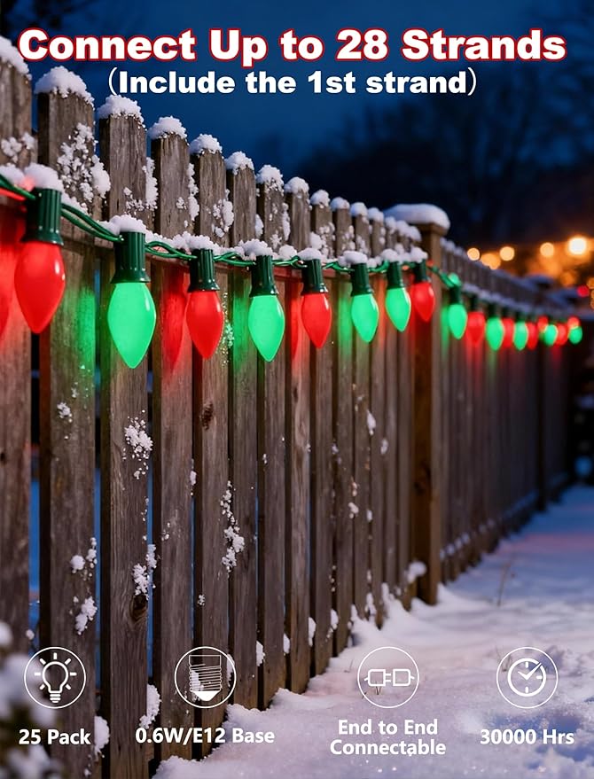 C7 Outdoor Christmas Lights - 25ft Red and Green Christmas Lights with 27 Ceramic Bulbs(2 Spare) Waterproof Extendable Christmas Tree Lights for Indoor Party Backyard Xmas LightGreen Wire