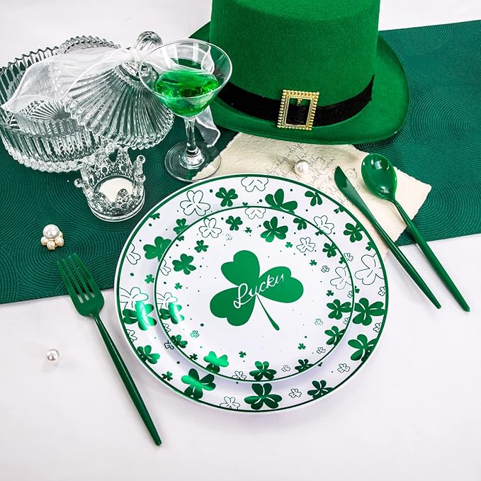 Rubtlamp 60Pcs Plastic Green PlatesSt Patricks Day Plates with Green Trefoil and Lucky Alphabet Green Disposable Plates include 30 Plastic White Dinner Plates and 30 Salad Plates for Spring