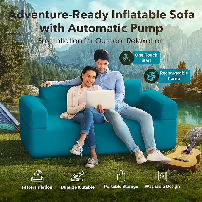 Inflatable Couch for Camping with Built-in Pump Portable Blow Up Sofa Multifunctional Inflatable Furniture has High-Pressure Resistant Fabric Suitable for Backyard Beach Music Festival Party (Blue)