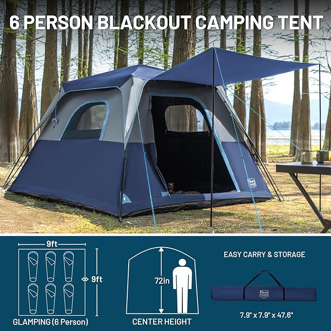 TIMBER RIDGE 5-6 Person Blackout Camping Tent 60s Easy Setup Instant Cabin Tent for Family with Rainfly Water-Resistant 9' x 9' x 72 for Outdoor Adventures Gatherings
