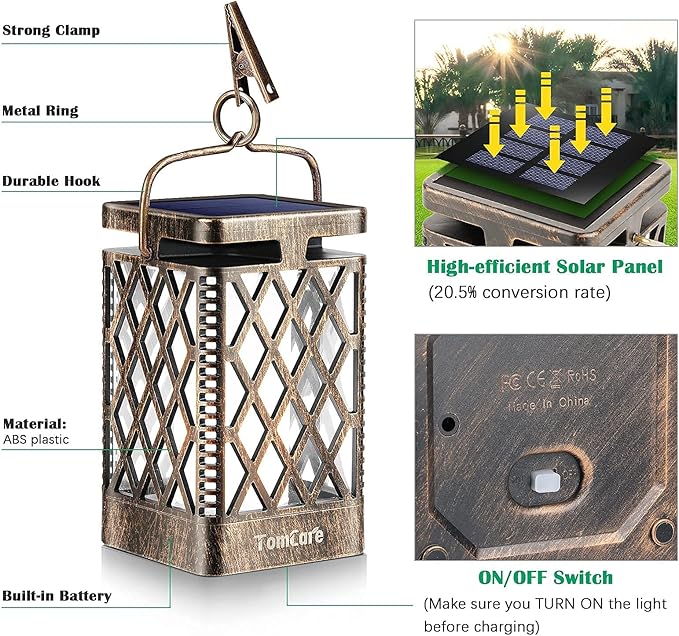 TomCare Solar Lights Outdoor Flickering Flame Solar Lantern Outdoor Hanging Lanterns Decorative Outdoor Lighting Solar Powered Waterproof LED Flame Lights for Patio Garden Deck 2 Pack(Bronze)