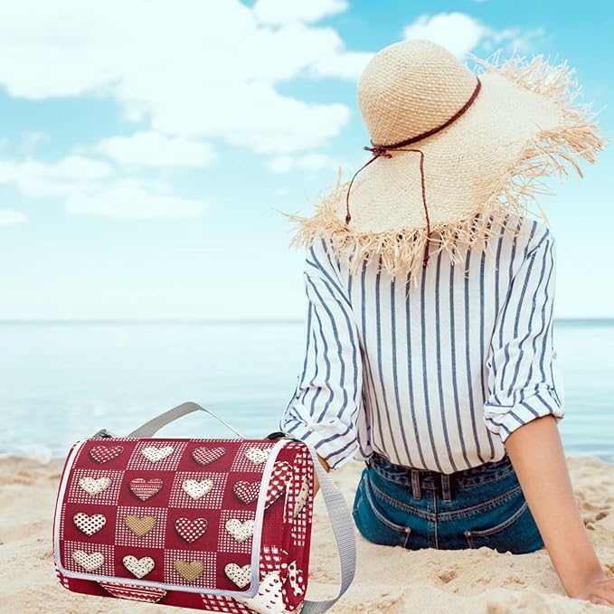 MNSRUU Picnic Blanket Waterproof Foldable Red White Checkered Heart Large Outdoor Picnic Beach Camping Blanket Travel Mat Shoulder Strap Tote Rectangle 57x59in
