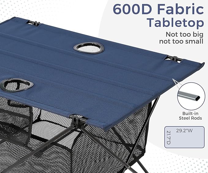 Lightweight Camping Table - Portable Folding Beach Side Table w/2 Cup Holders &amp Large Storage Basket Compact Fold for Tailgate Travel Outdoor Fishing Picnic | 29.2 W x 21.7 D (Blue)