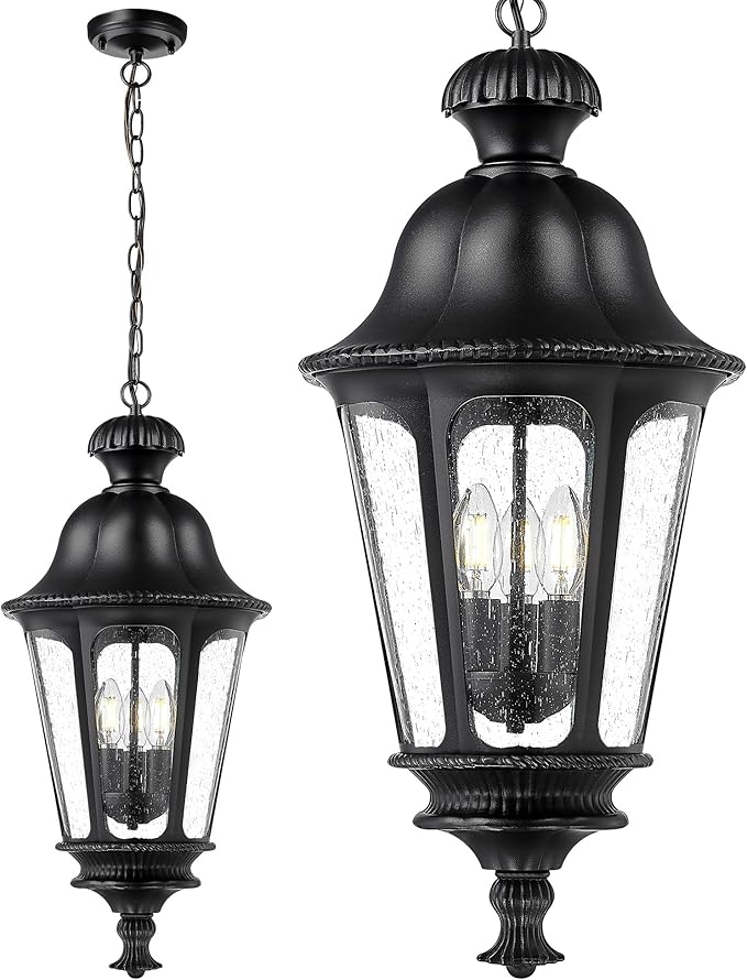 Outdoor Pendant Lights for Porch HWH 26'' Large Exterior Hanging Light Fixtures with Seeded Glass Outdoor Hanging Chandelier for Porch Patio Gazebo Hallway Matte Black Finish 5HW90H-L BK