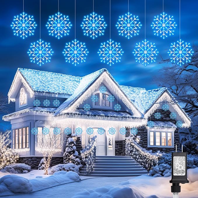 Brightown Christmas Snowflake Icicle Lights Outdoor - Plug-in 23.6ft 10 Drops 480LED Snowflake Window Lights for Indoor Outdoor Porch Eaves Rooftops Canopy Christmas Decoration Blue and White