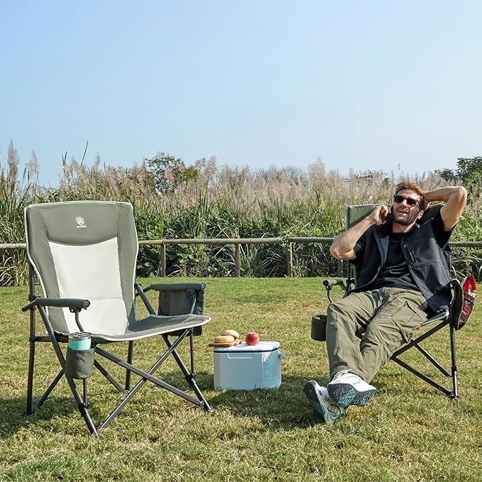 EVER ADVANCED Oversized Folding Camping Chair for Adults Heavy Duty Lawn Chair with Side Pockets Portable Collapsible Quad Chair for Outside Support Up to 500lbs Green