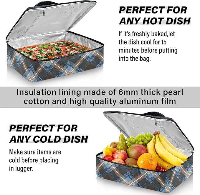 Casserole Carrier Blue Brown Tartan Plaid Insulated Casserole Carrier for Hot or Cold Food Thermal Lunch Tote for Parties Picnic Travel Carry Bag