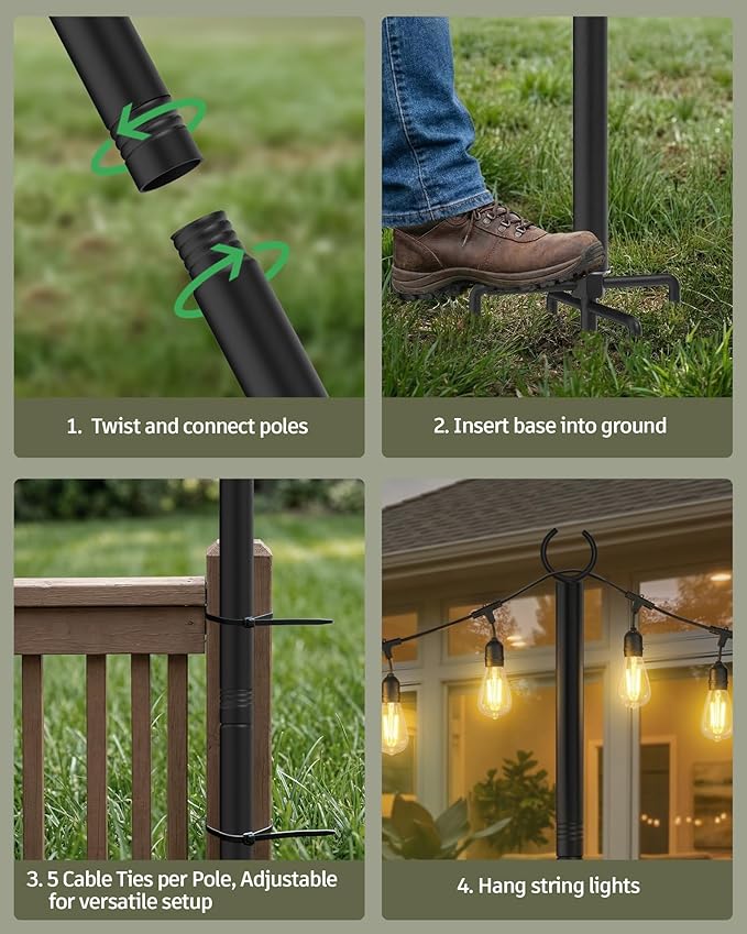 LAND·VOI Outdoor String Light Poles 4 Pack Heavy Duty String Light Poles for Outside with 5-Prong Base &amp Adjustable Height Perfect for Backyard Patio Garden Fence and Party Decor
