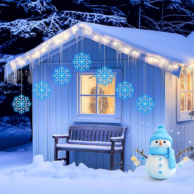 Brightown Christmas Snowflake Icicle Lights Outdoor - Plug-in 23.6ft 10 Drops 480LED Snowflake Window Lights for Indoor Outdoor Porch Eaves Rooftops Canopy Christmas Decoration Blue and White