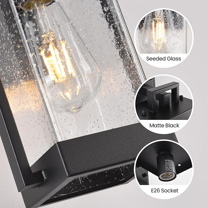 Outdoor Wall Lights Black Exterior Lighting Fixtures Waterproof Outdoor Wall Sconce with Seeded Glass Modern Dusk to Dawn Outdoor Light Fixtures Wall Mount for Porch Garage Patio 2-Pack