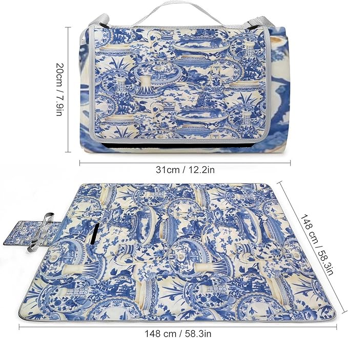 Blue and White Folk Chinese Chinoiserie Style Waterproof Outdoor Picnic Blanket Sandproof Beach Mat for Camping Hiking Grass Travelling
