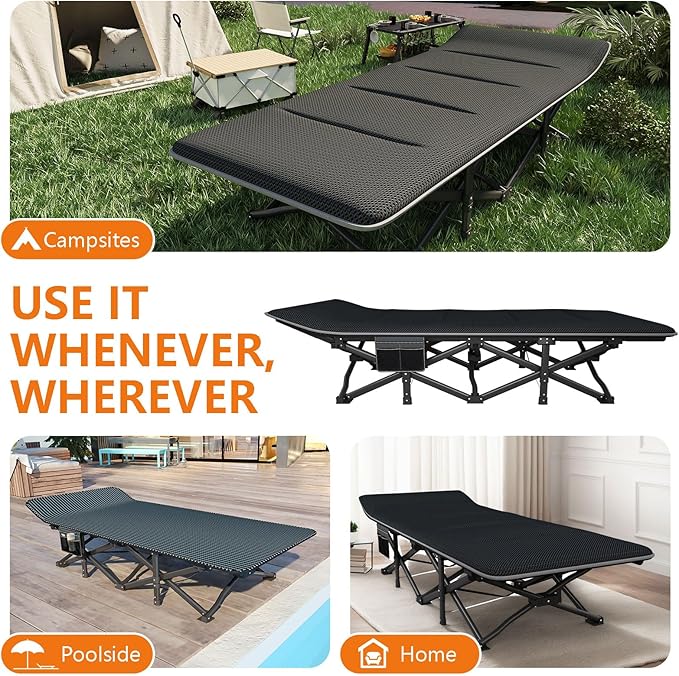 ATORPOK Oversized Camping Cot for Adults with Cushion Comfortable Extra Wide 31.5'' Folding Bed for Sleeping Lightweight Folding Bed with Carry Bag Supports 500 lbs
