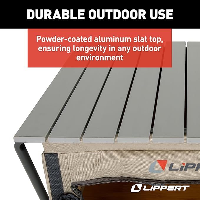 Lippert Sand Outdoor Folding Camping Pantry with Three Storage Shelves 600D Polyester Fabric Powder-Coated Steel Frame Aluminum Slat Top Collapsible Design - 2023053723