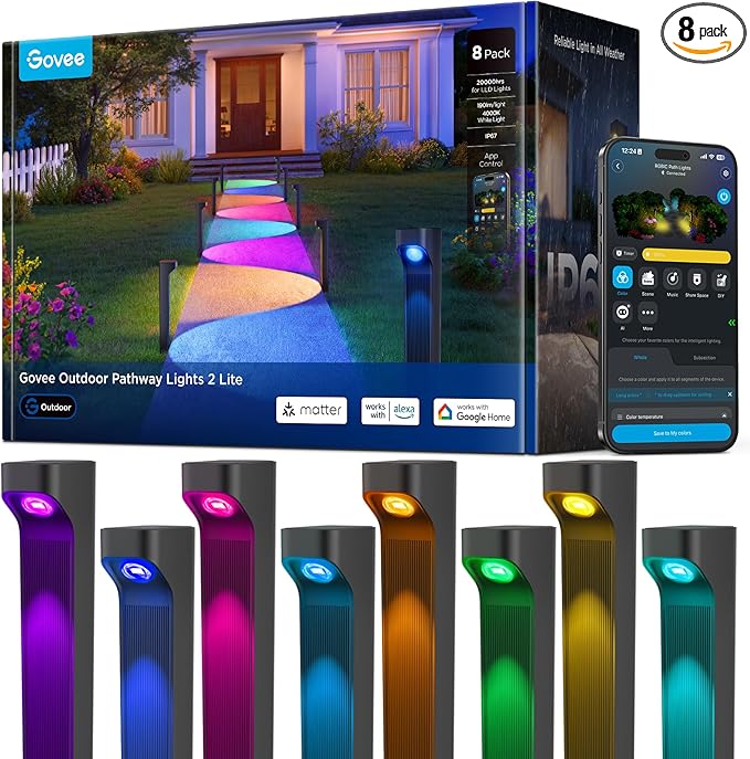 Govee Outdoor Pathway Lights 2 Lite 8 pack IP67 Waterproof 16 Million Colors 60+ Scene Modes Patio Lights for PathLandscape Lighting Outdoor Decor Compatible with Alexa Google Assistant Matter