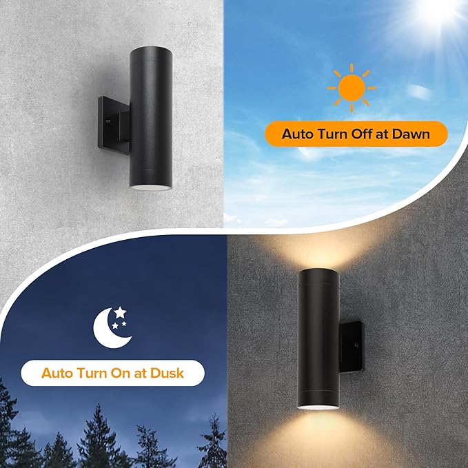 LUTEC Dusk to Dawn Outdoor Wall Lights 16W Integrated LED Cylinder Up-Down Sconce 3000K Waterproof Aluminum Exterior Lighting Matte Black Modern Porch and Entryway Wall Light Fixture 2 Pack