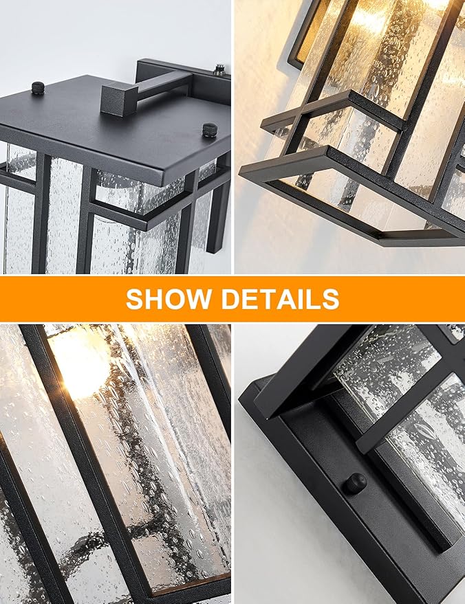 Rustic Dusk to Dawn Outdoor Wall Light Fixture 13.8H Waterproof Exterior Wall Sconces Black Metal with Seeded Glass Sensor Outdoor Wall Lantern for House Patio PorchEntrywayGarage Wall Lamps