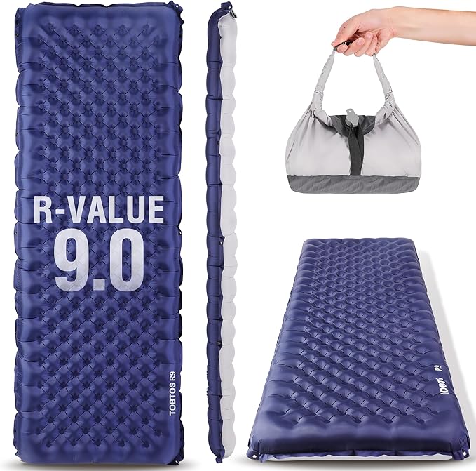 TOBTOS Camping Sleeping Pad with 9.0 R-Value 4 Thick Inflatable Camping Mattress for All Season Compact Insulated Sleeping Mat for Backpacking &amp Hiking (Rectangular)