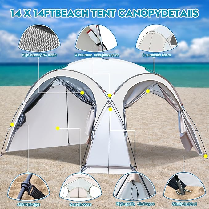 Large Beach Canopy Tent 14 X 14ft UPF 50+ Pop Up Sun Shelter for 8-10 Person Portable Beach Sun Shade with Side Walls for Camping Fishing Backyard Fishing Parties Picnics