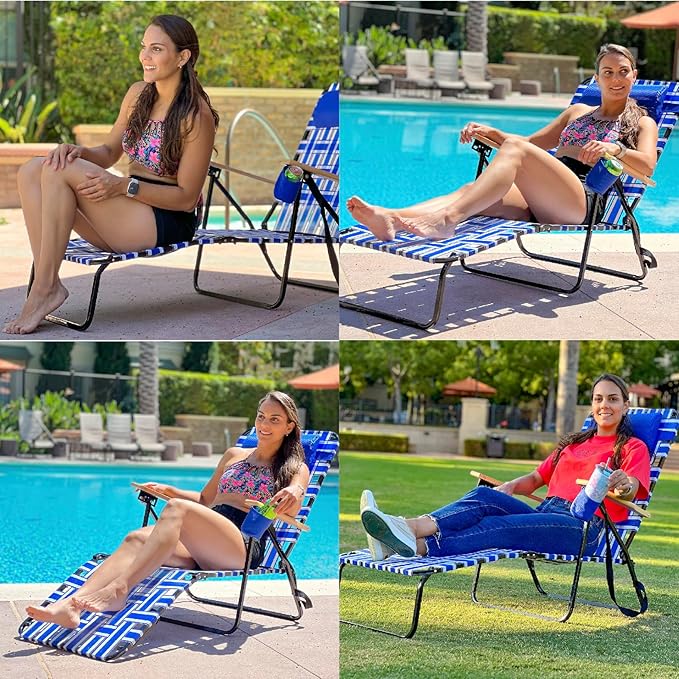 Webbing Patio Lounger Steel Chaise Lawn Chair Foldable Outdoor Great for Patio Camping Backyard Pool Wood Handles 1 Pack Blue