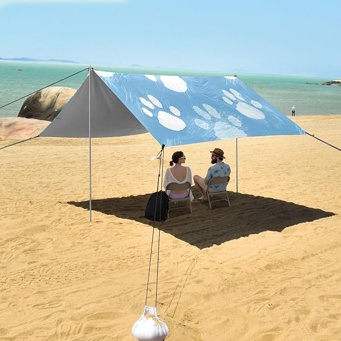 Blue Paw Print Beach Tent Sun Shelter 9.2' x 10.5' Beach Canopy with 4 Sandbags 4 Stability Poles Sand Shovels - Tent Canopy for Beach Camping Fishing Picnics