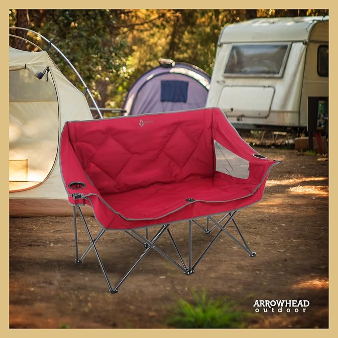ARROWHEAD OUTDOOR 2-Pack Portable Folding Camp Loveseat Chair w/Glass &amp Cup Holders Heavy Duty Carry Bag 650 lbs Weight Capacity