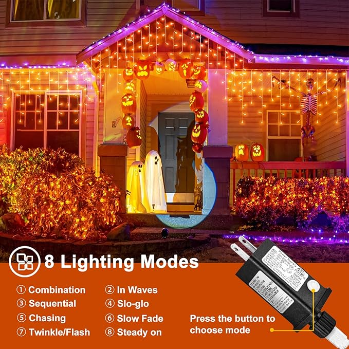 66ft Orange Halloween Lights Outdoor 640LED Icicle Lights for Outside Indoor Twinkle Christmas Light with Connectable Clear Wire 8 Modes Timer Waterproof for House Party Tree Holiday Yard Patio Decor
