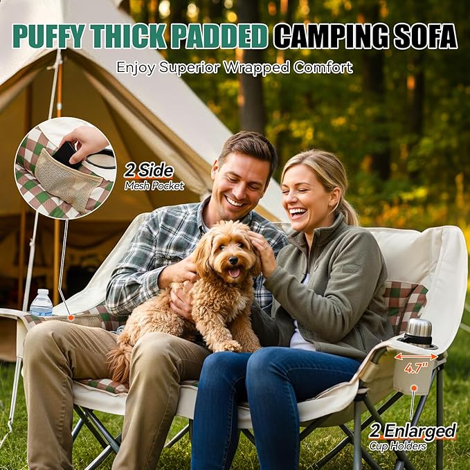 Double Camping Chair Oversized 2 Person Camp Chairs with Cup Holders Side &amp Backrest Mesh Pockets Padded Loveseat Camping Chair Foldable for Outdoor Lawn Backyard Beach Support 800LB