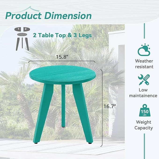 HDPS Outdoor Side Table Small Round Side Table Weather-Resistant Outdoor Side Tables for Patio Porch Deck End Table for Plant Stand Living Room Bedroom Turquoise